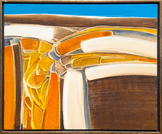 ALFRED LEE, "Chambered Sea Coast" Modern Yellow, Orange, & Blue Abstract Landscape, 1970