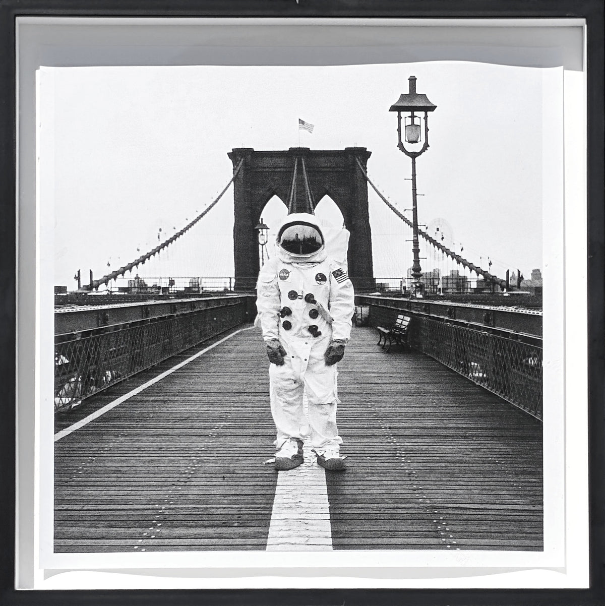 ANDY BLANK, "Space Bridge" Contemporary Black and White Photograph of an Astronaut on a Bridge