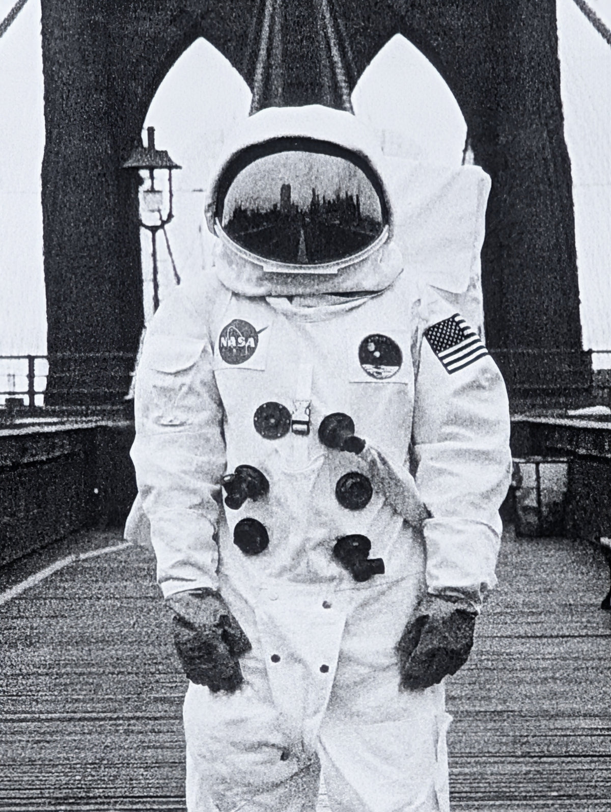ANDY BLANK, "Space Bridge" Contemporary Black and White Photograph of an Astronaut on a Bridge