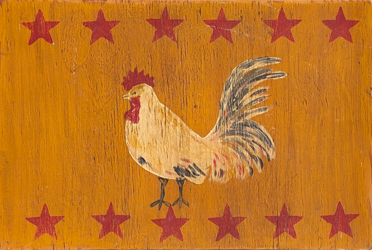 UNKNOWN, Rustic Rural Painting of a Rooster and Red Stars on Wooden Board
