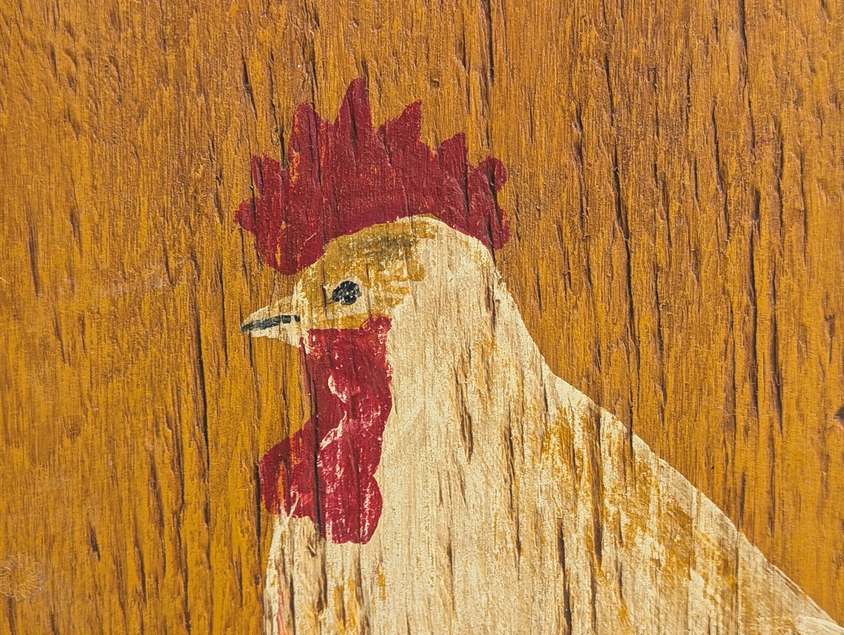 UNKNOWN, Rustic Rural Painting of a Rooster and Red Stars on Wooden Board