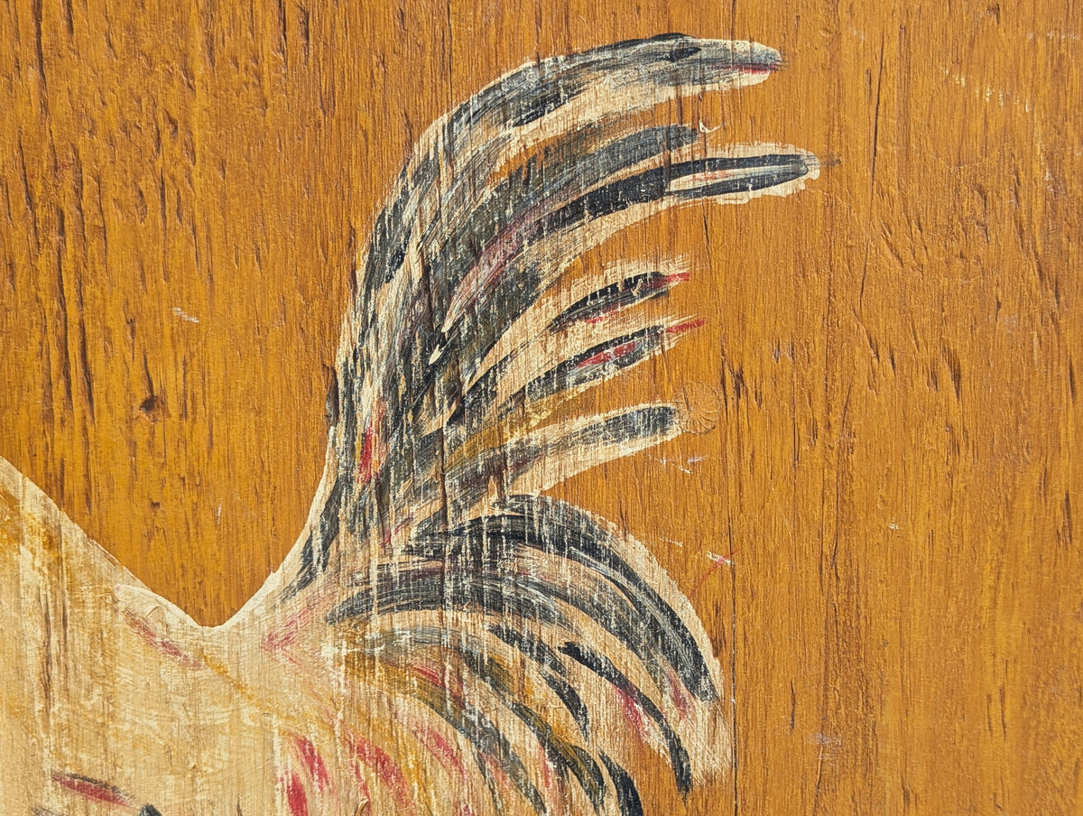 UNKNOWN, Rustic Rural Painting of a Rooster and Red Stars on Wooden Board