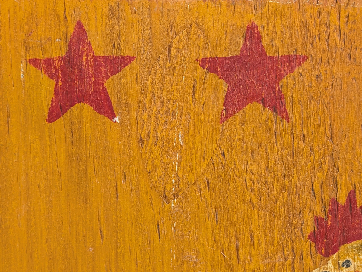 UNKNOWN, Rustic Rural Painting of a Rooster and Red Stars on Wooden Board