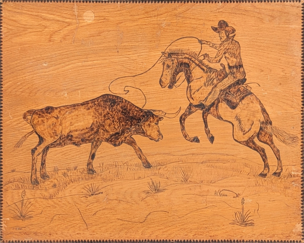 UNKNOWN, Rustic Rural Wood Burned Drawing of a Cowboy on Horseback Roping a Bull on Wooden Board