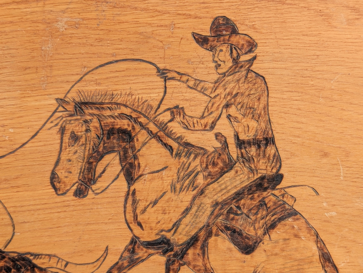 UNKNOWN, Rustic Rural Wood Burned Drawing of a Cowboy on Horseback Roping a Bull on Wooden Board