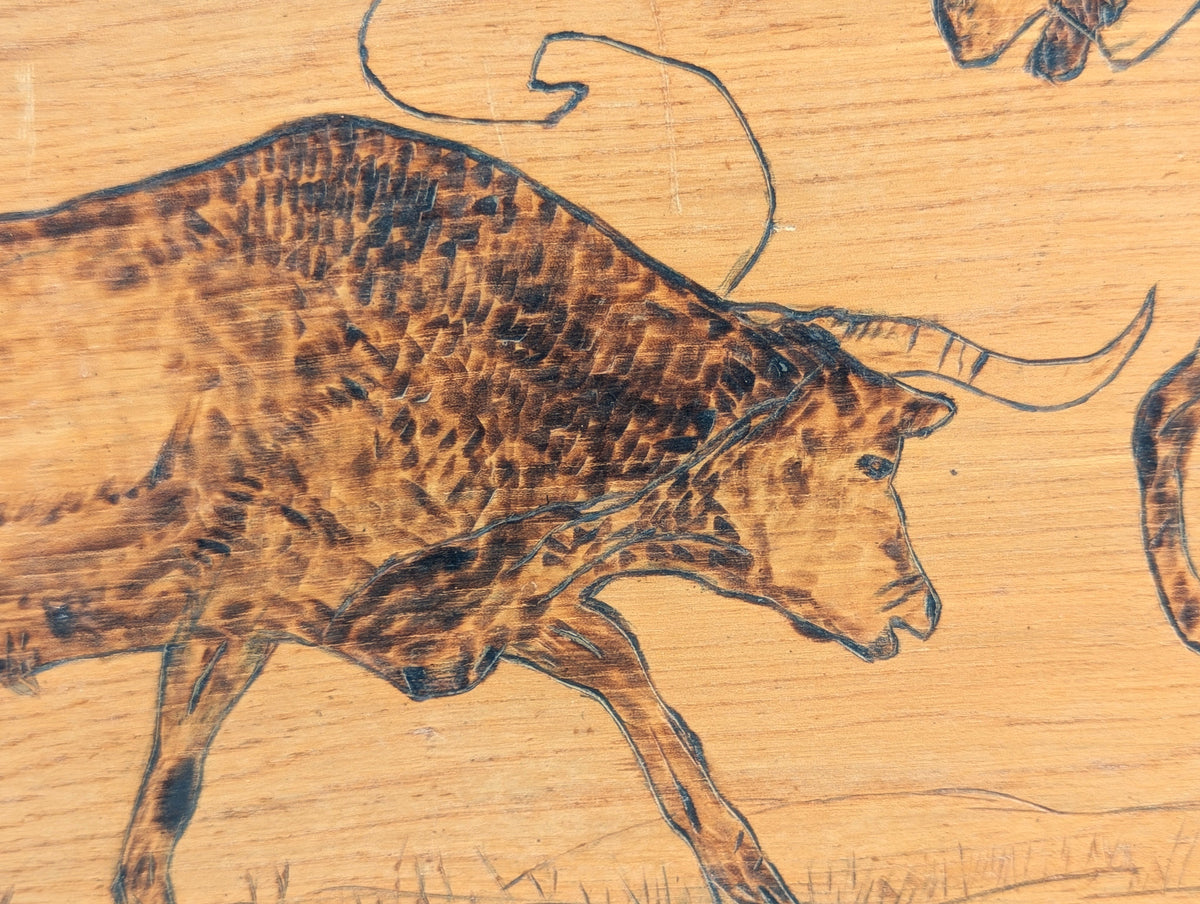 UNKNOWN, Rustic Rural Wood Burned Drawing of a Cowboy on Horseback Roping a Bull on Wooden Board