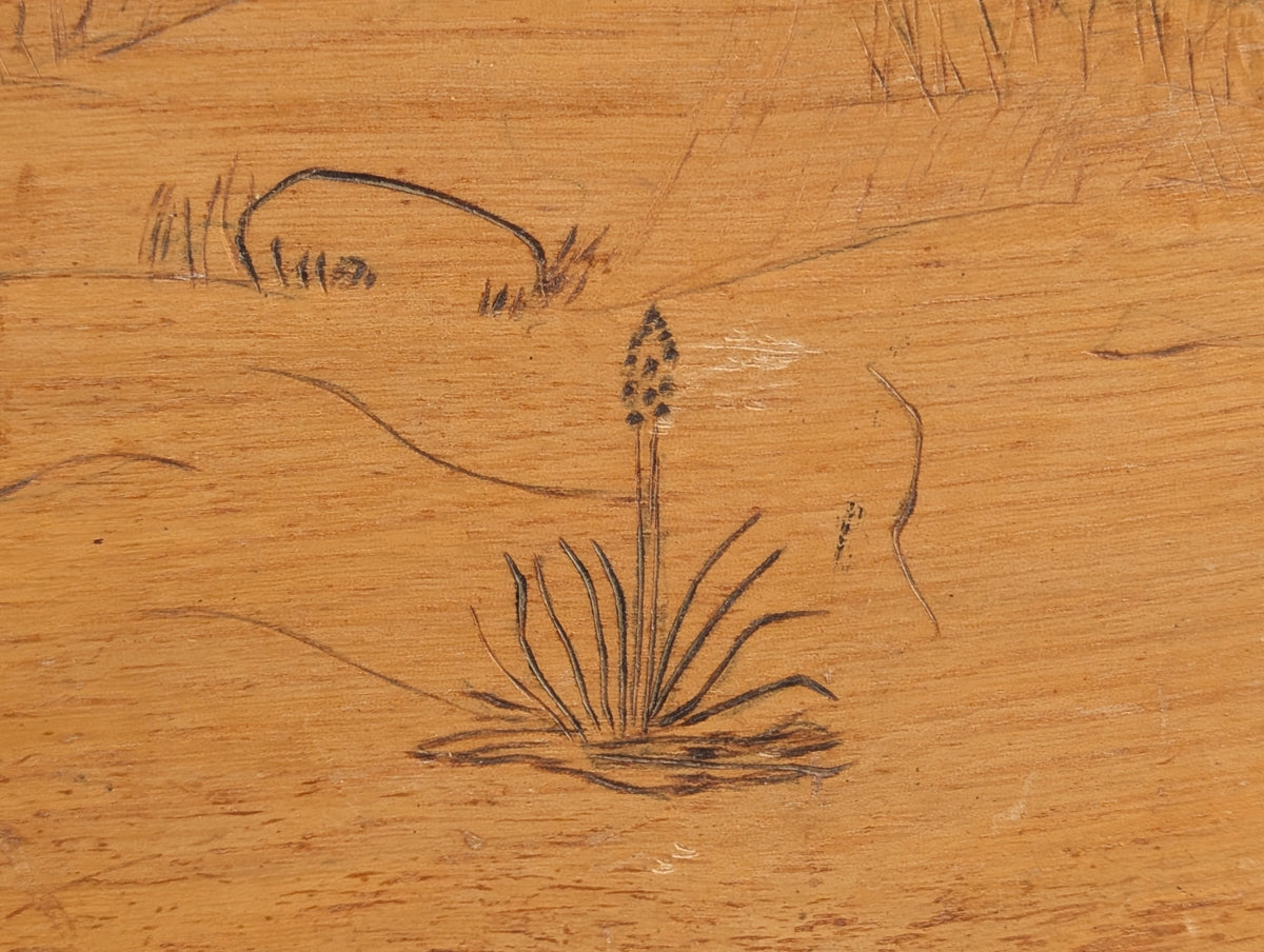 UNKNOWN, Rustic Rural Wood Burned Drawing of a Cowboy on Horseback Roping a Bull on Wooden Board