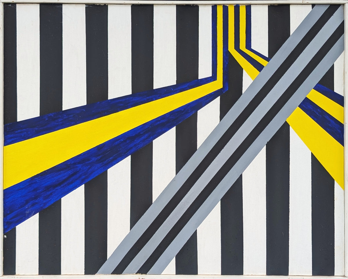 MARTIN SCHROEDER, Modern Blue, Yellow, Black, and White Geometric Linear Abstract Painting, 1988