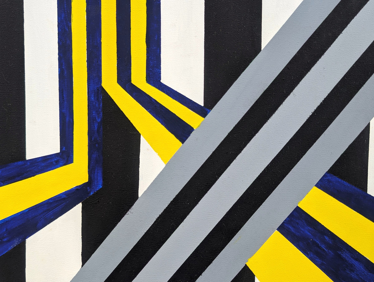 MARTIN SCHROEDER, Modern Blue, Yellow, Black, and White Geometric Linear Abstract Painting, 1988