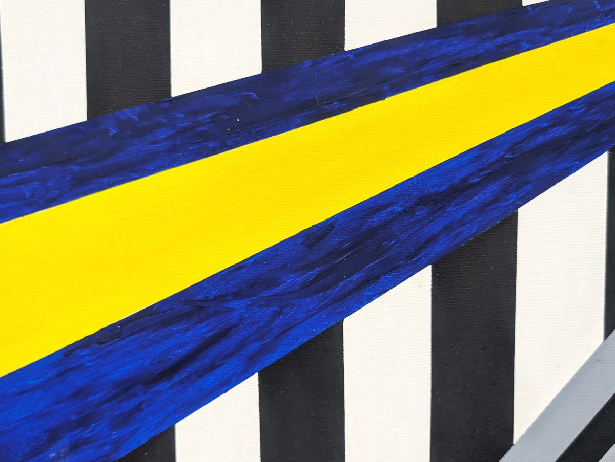 MARTIN SCHROEDER, Modern Blue, Yellow, Black, and White Geometric Linear Abstract Painting, 1988