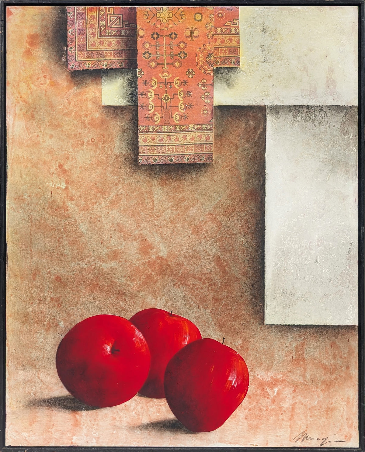 CLAUDIO MISSAGIA, Dark Toned Mixed Media Abstract Still Life of Apples and Fabric
