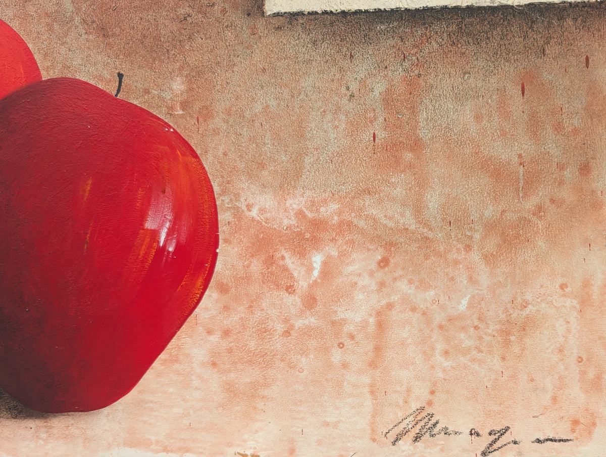 CLAUDIO MISSAGIA, Dark Toned Mixed Media Abstract Still Life of Apples and Fabric