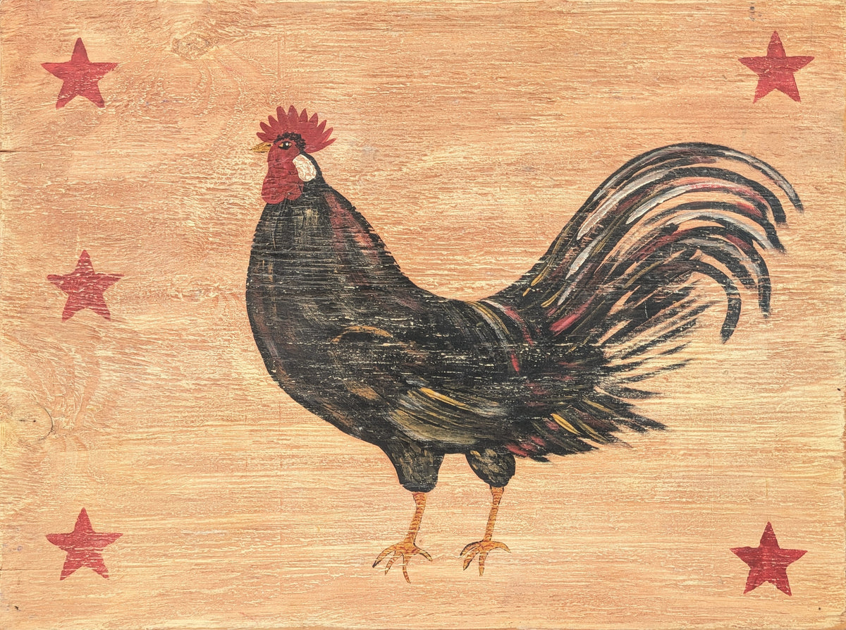 UNKNOWN, Rustic Rural Painting of a Black Rooster and Red Stars on Wooden Board