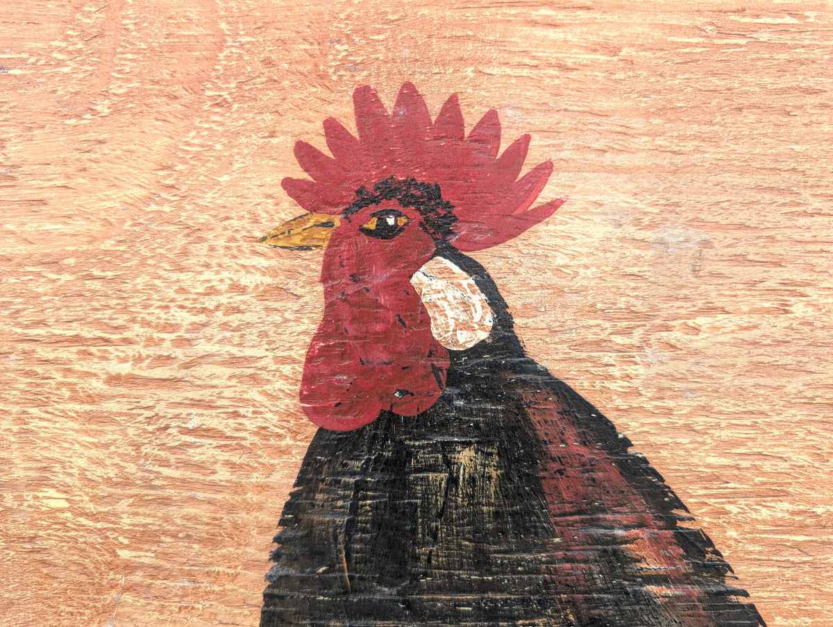 UNKNOWN, Rustic Rural Painting of a Black Rooster and Red Stars on Wooden Board