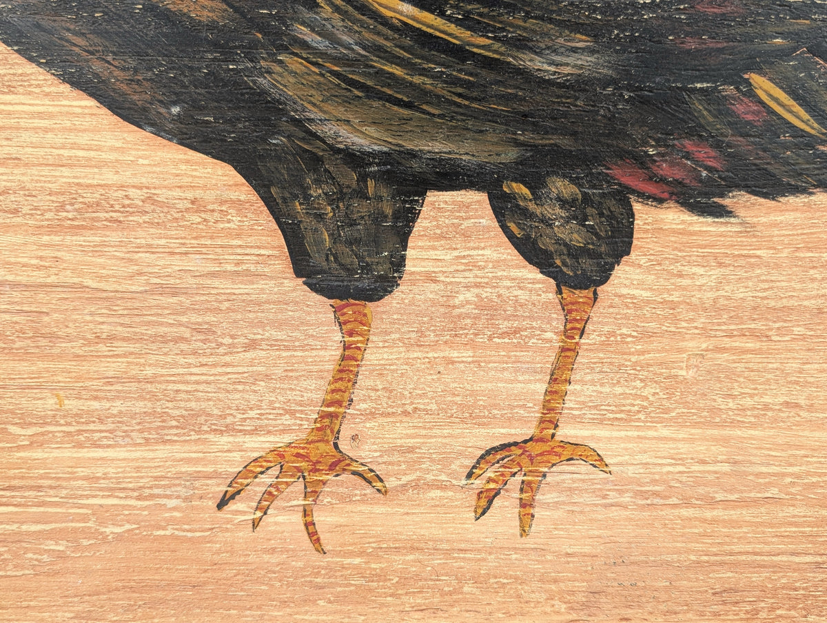 UNKNOWN, Rustic Rural Painting of a Black Rooster and Red Stars on Wooden Board
