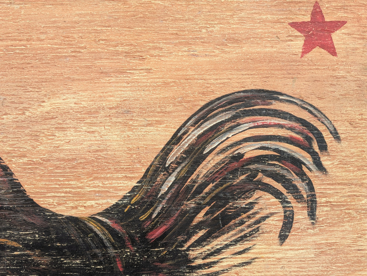 UNKNOWN, Rustic Rural Painting of a Black Rooster and Red Stars on Wooden Board