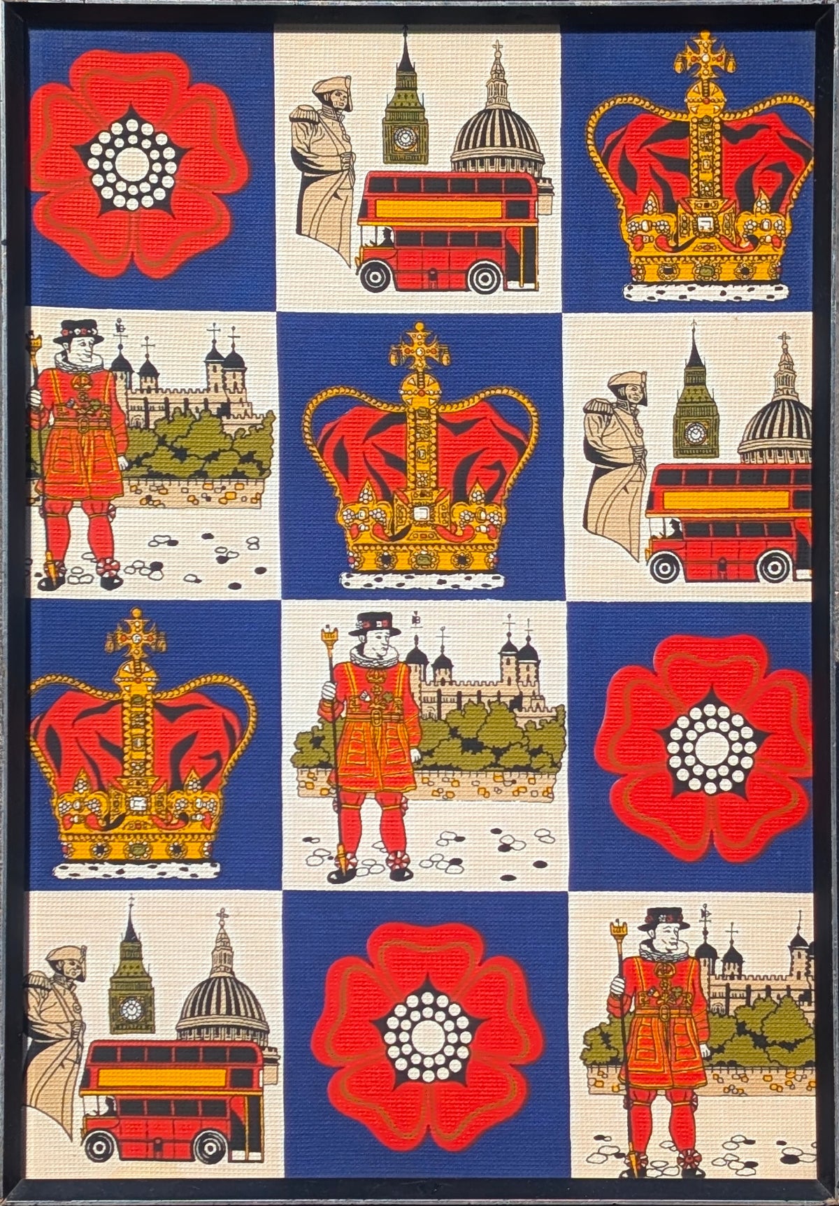 UNKNOWN, Vintage Red, White, and Blue Famous London Landmarks Framed Fabric, 1980s