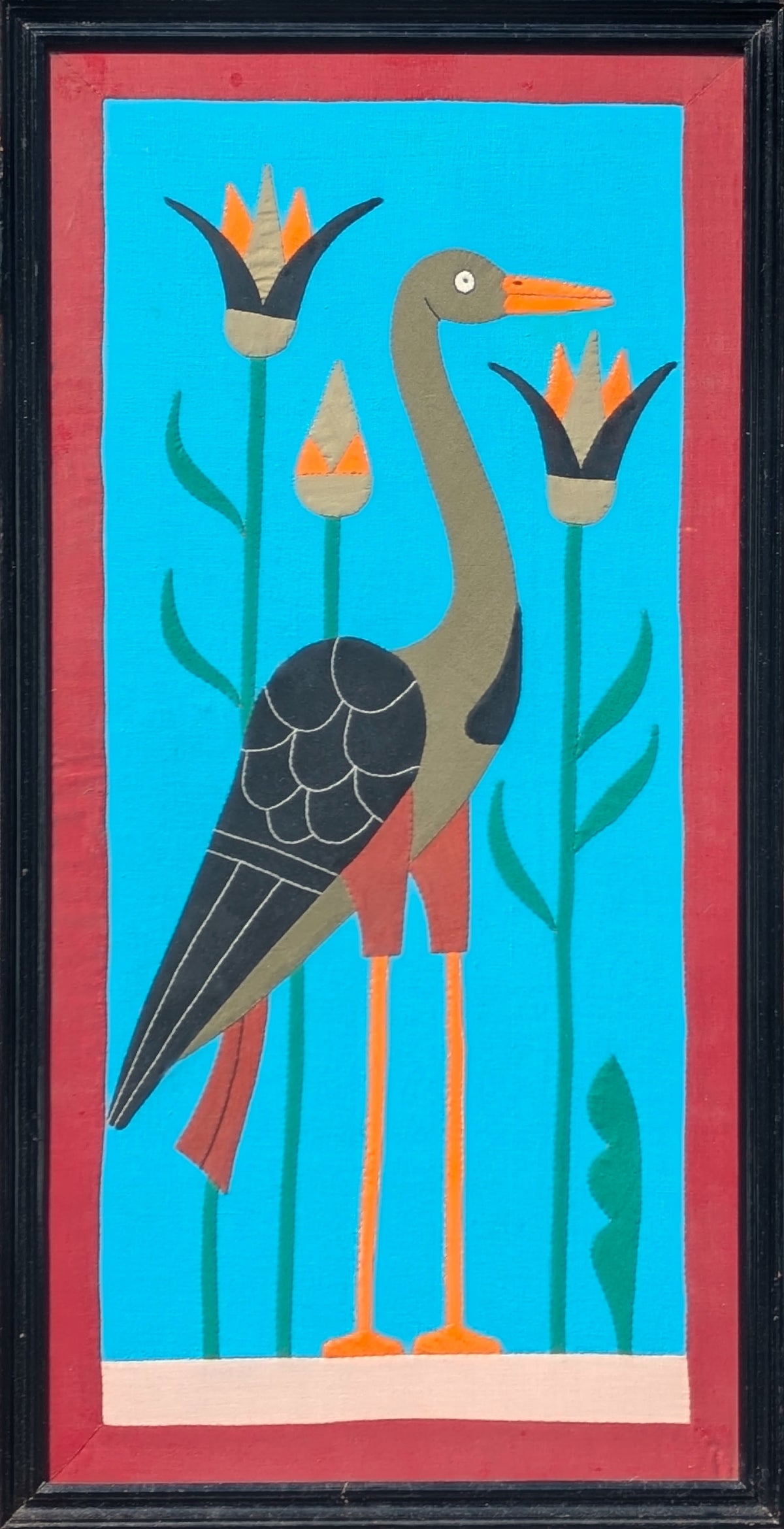 UNKNOWN, Handmade Blue and Red Fabric Collage of a Crane in the Water