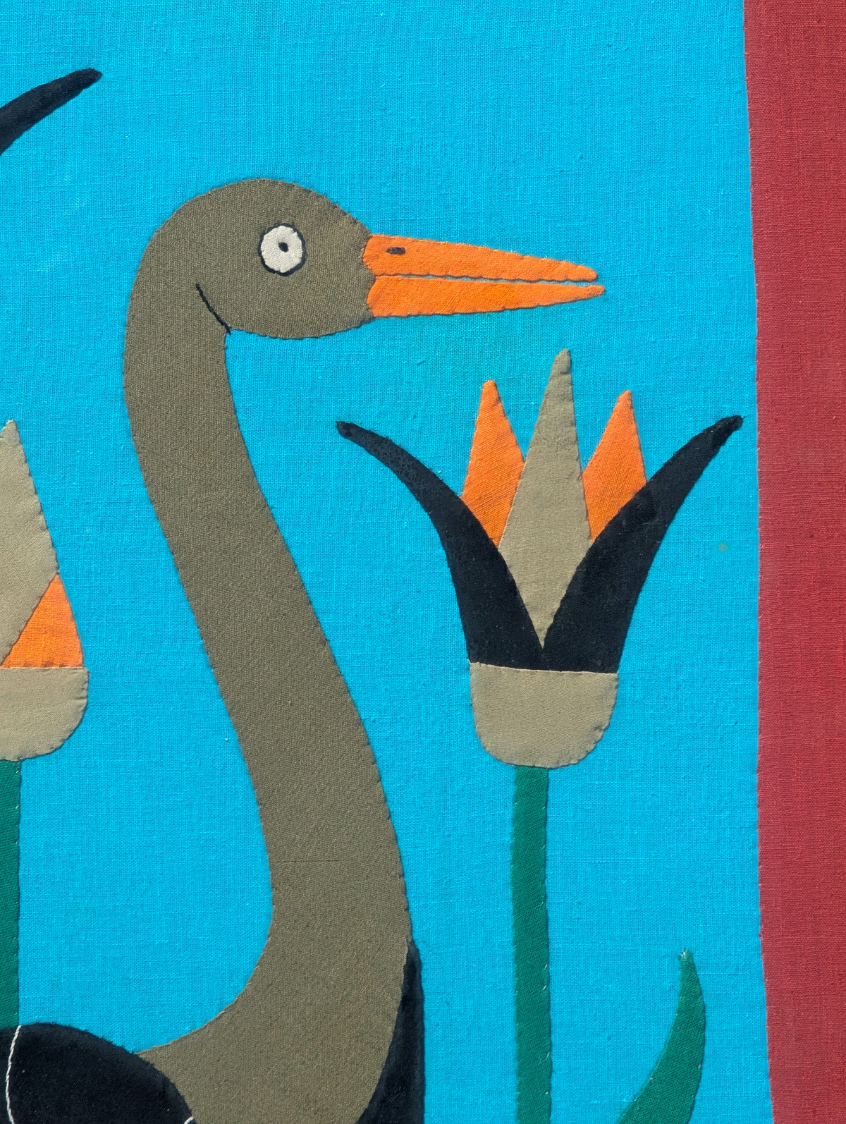 UNKNOWN, Handmade Blue and Red Fabric Collage of a Crane in the Water