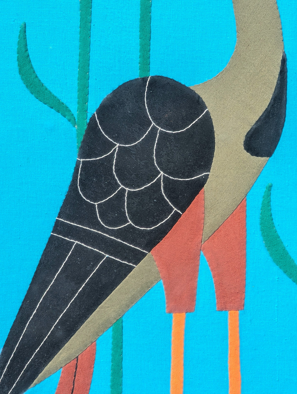 UNKNOWN, Handmade Blue and Red Fabric Collage of a Crane in the Water
