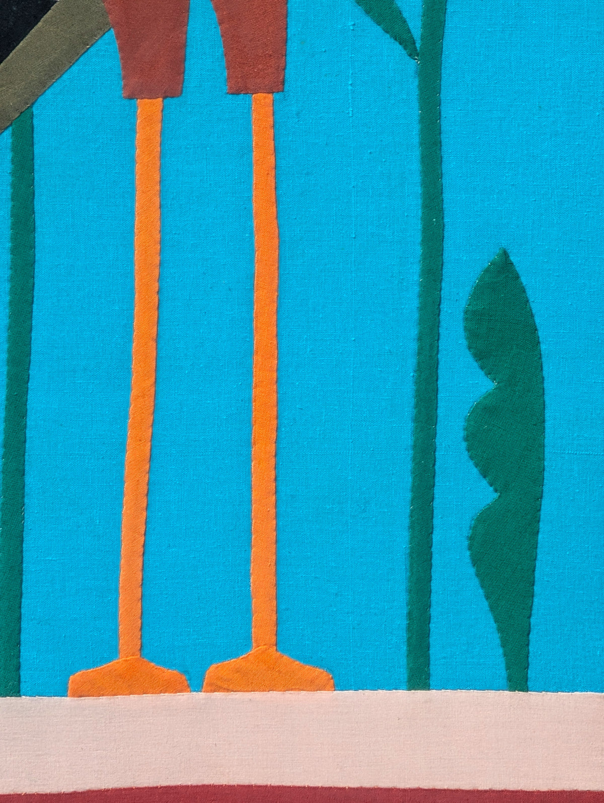 UNKNOWN, Handmade Blue and Red Fabric Collage of a Crane in the Water