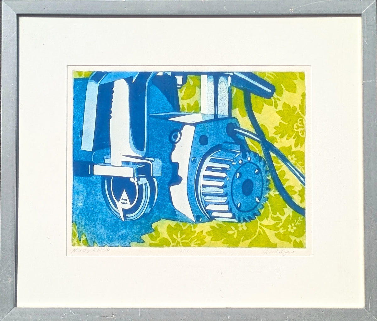 UNKNOWN, "Sharply Delicate" Abstract Blue and Green Lithograph of Machinery Against Foliage
