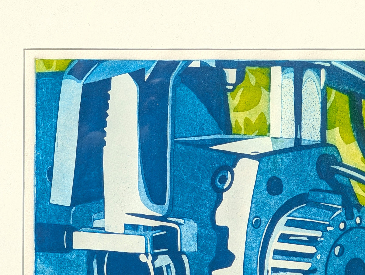 UNKNOWN, "Sharply Delicate" Abstract Blue and Green Lithograph of Machinery Against Foliage