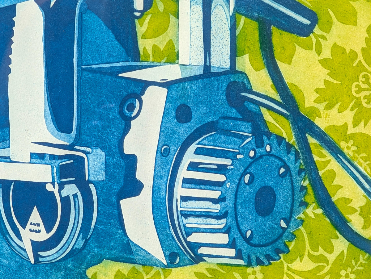 UNKNOWN, "Sharply Delicate" Abstract Blue and Green Lithograph of Machinery Against Foliage