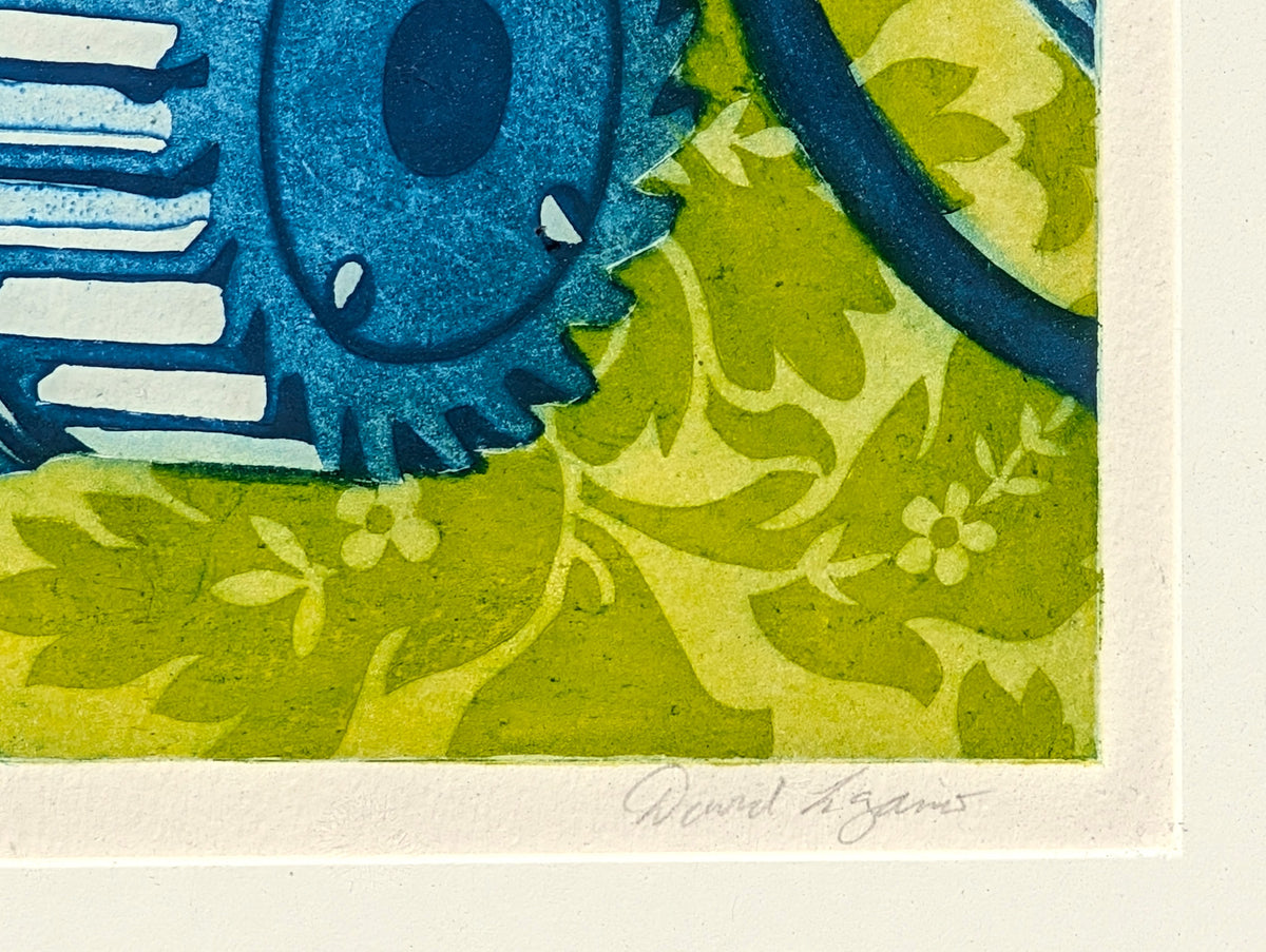 UNKNOWN, "Sharply Delicate" Abstract Blue and Green Lithograph of Machinery Against Foliage