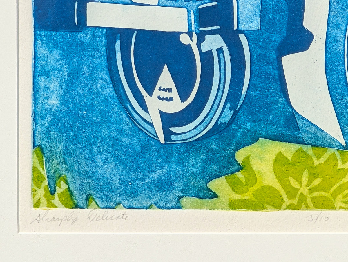 UNKNOWN, "Sharply Delicate" Abstract Blue and Green Lithograph of Machinery Against Foliage