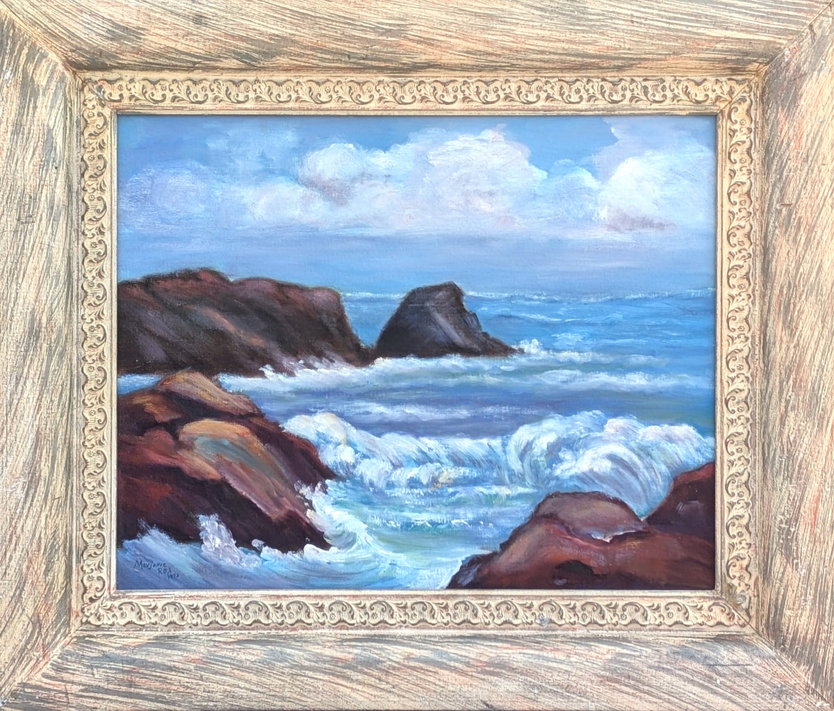 MARJORIE REA, Naturalistic Blue Toned Ocean Rocky Seaside Shore Landscape Painting, 1973