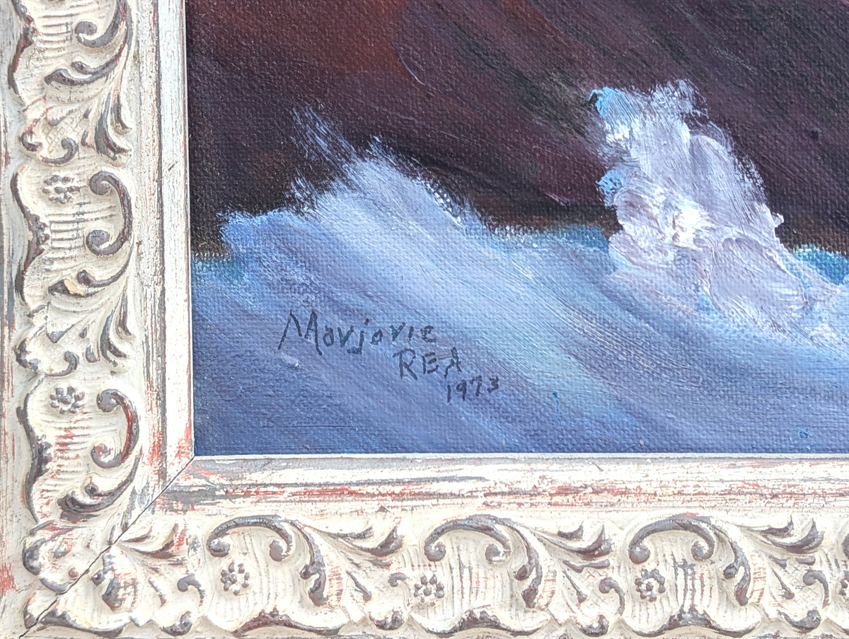 MARJORIE REA, Naturalistic Blue Toned Ocean Rocky Seaside Shore Landscape Painting, 1973