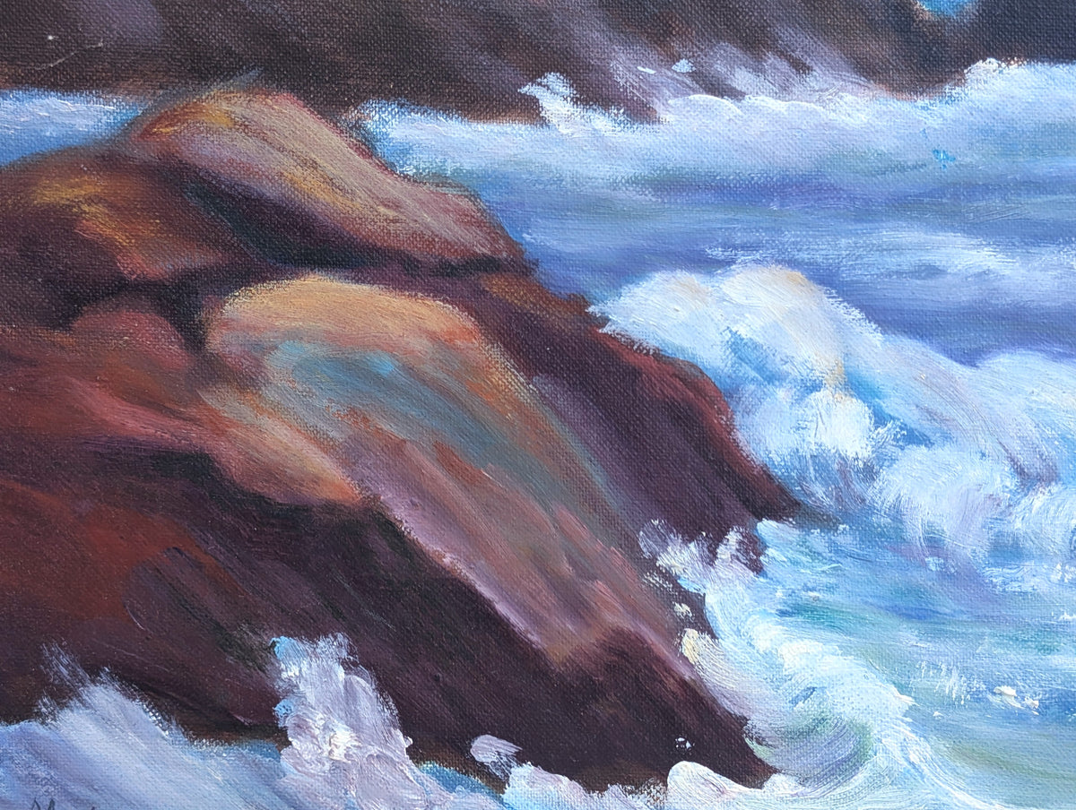 MARJORIE REA, Naturalistic Blue Toned Ocean Rocky Seaside Shore Landscape Painting, 1973