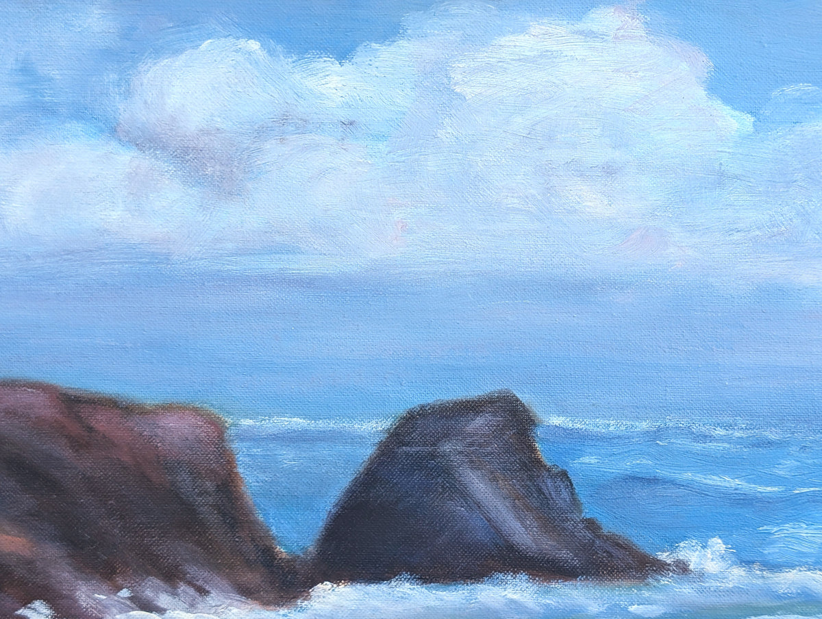 MARJORIE REA, Naturalistic Blue Toned Ocean Rocky Seaside Shore Landscape Painting, 1973