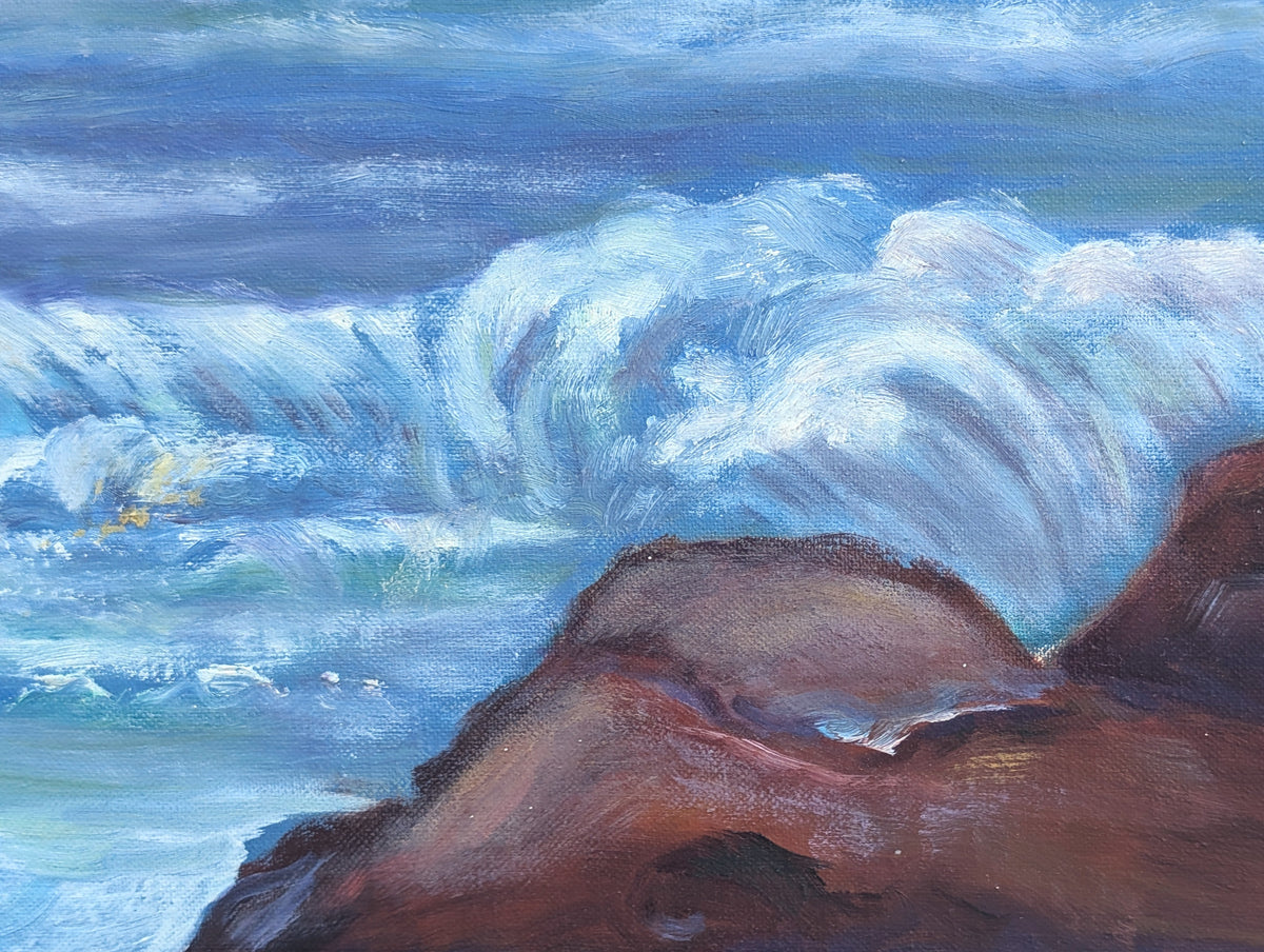 MARJORIE REA, Naturalistic Blue Toned Ocean Rocky Seaside Shore Landscape Painting, 1973