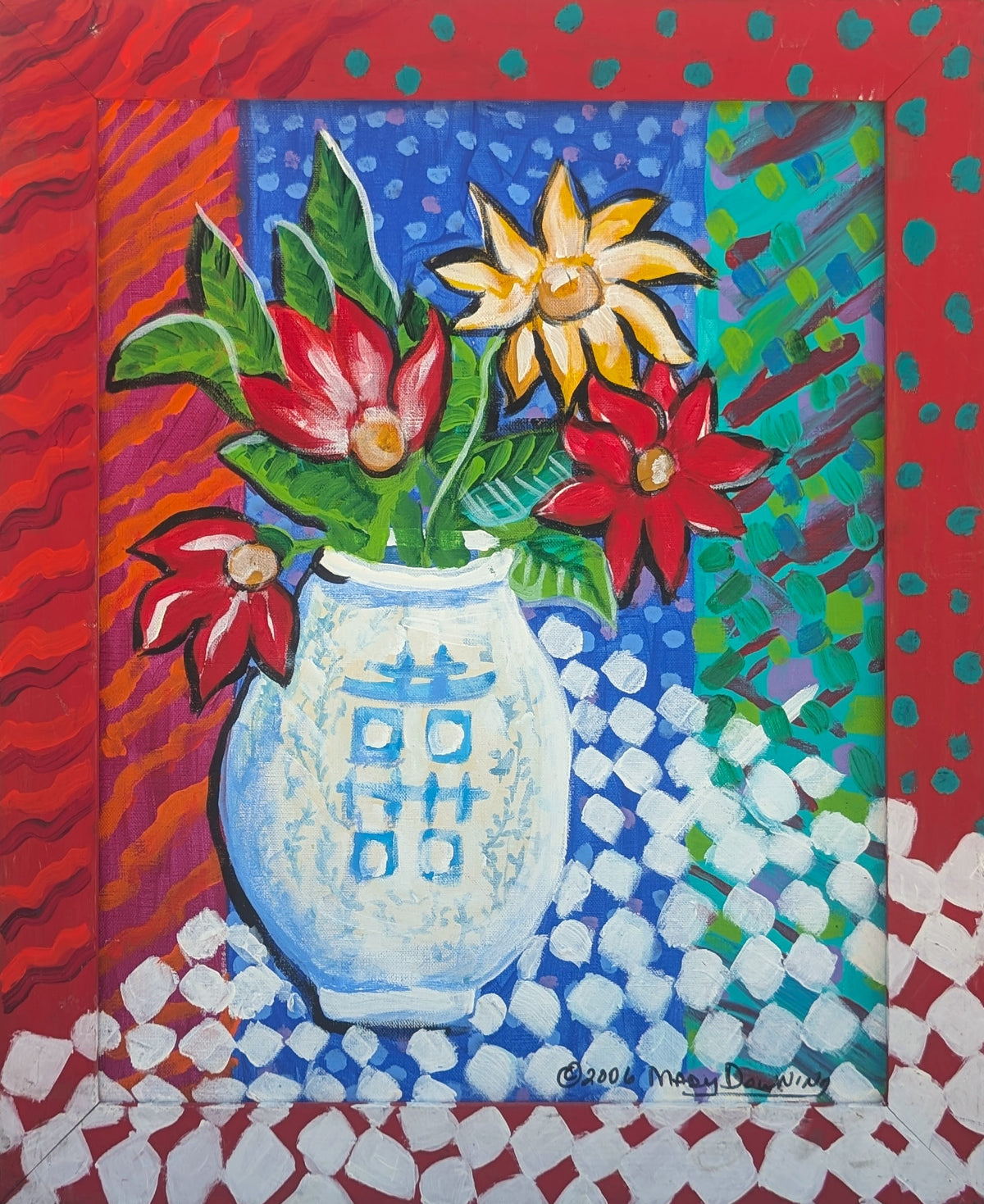 MARY DOWNING, "Table Waiting" Contemporary Colorful Red, Yellow, and Blue Still Life Painting of a Vase with Flowers ,2006