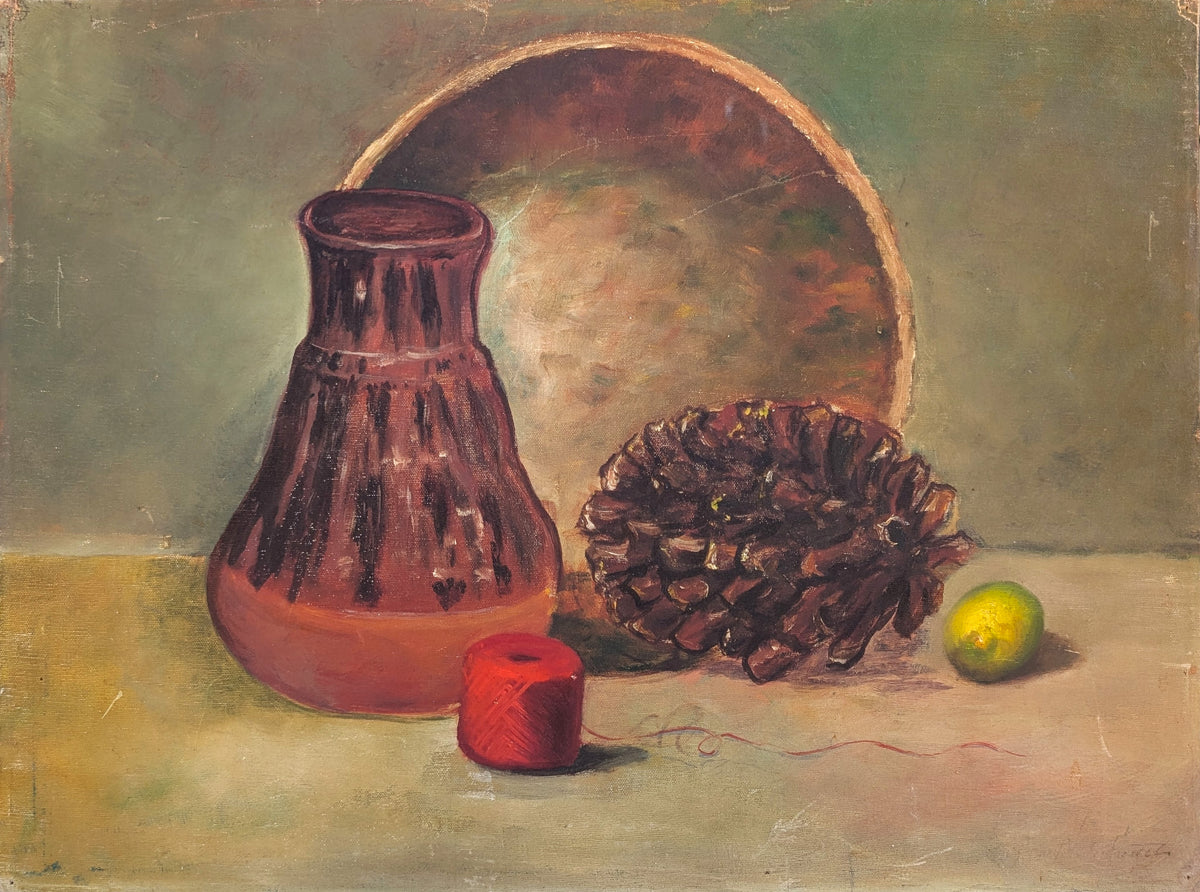 UNKNOWN, Traditional Still Life Painting of a Bowl, Vase, Pinecone, Thread, and Lime