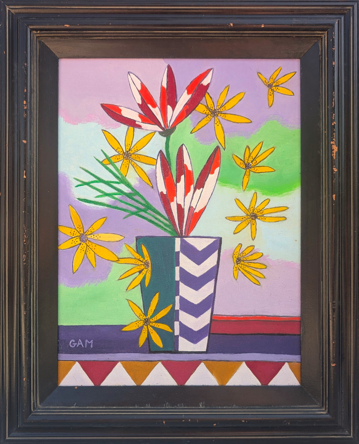GAM, Contemporary Red, Yellow, and Purple Abstract Still Life of a Vase with Flowers