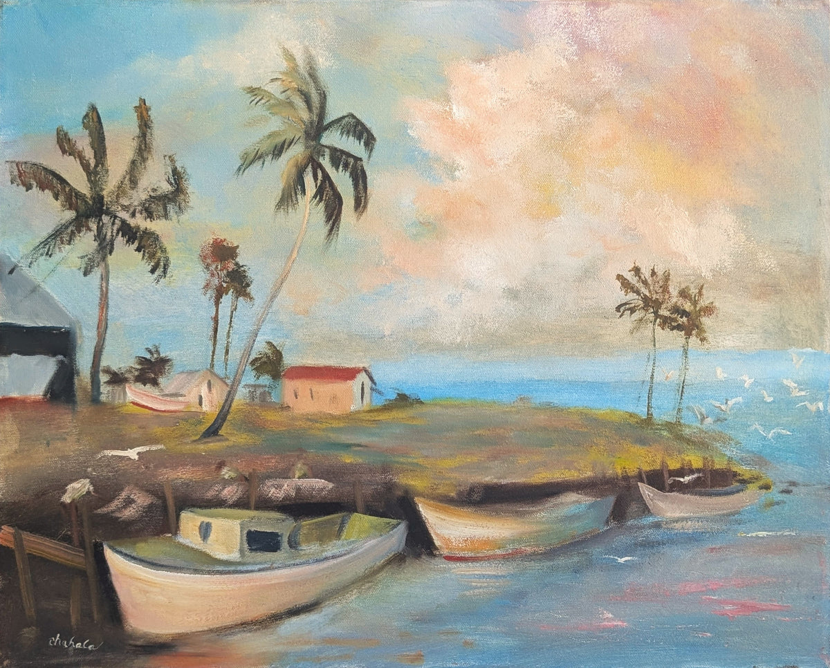 CHAHALA, Tropical Seaside Landscape Painting of Boats and Palm Trees