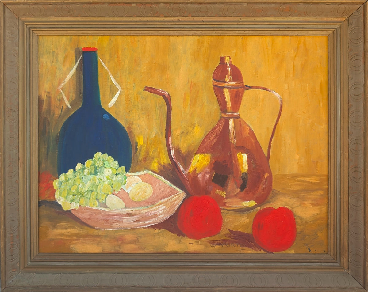 W. PORTER, Modern Still Life Painting of a Teapot, Apples, and Grapes, 1974