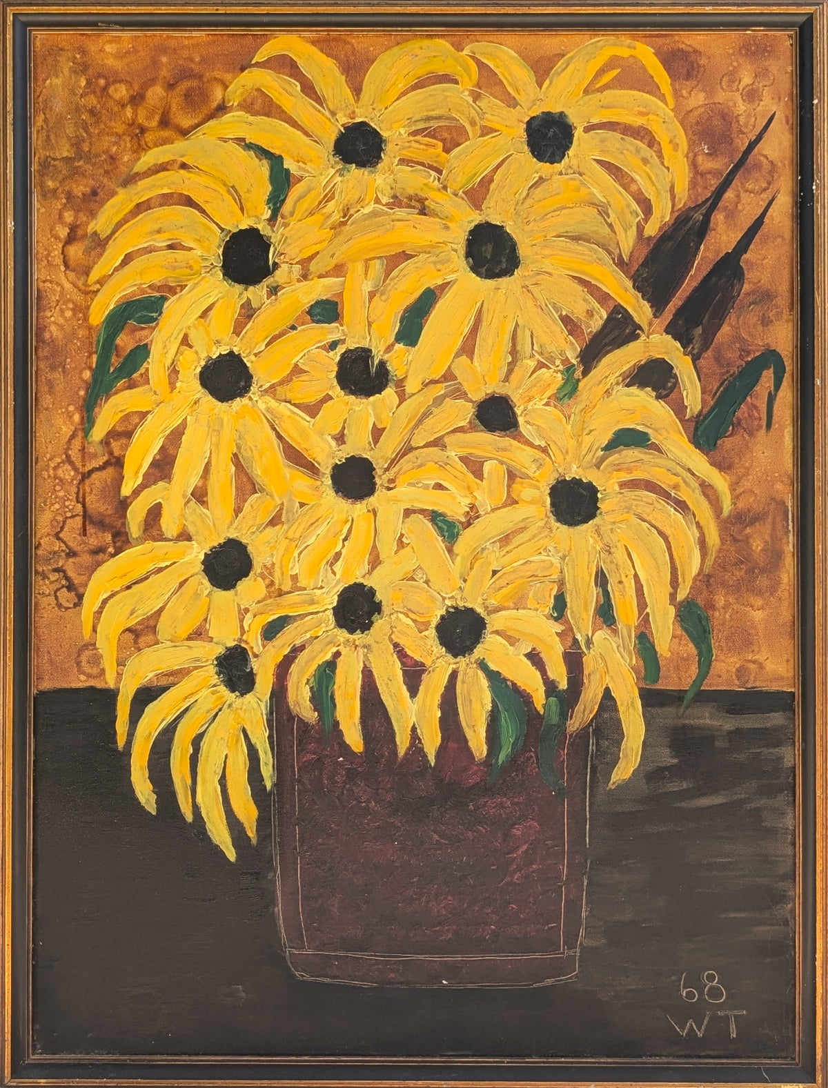 WT, Modern Still Life Painting of Yellow Sunflowers in a Vase, 1968