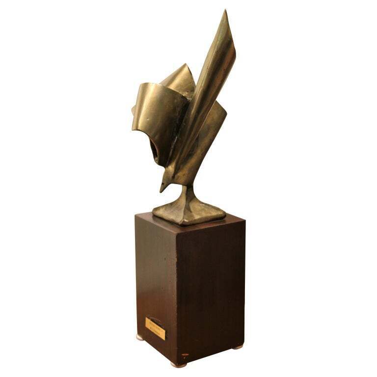 W. R. STEVENSON, “Abstract Bronze” Modern Gold Ribbon Sculpture with Wooden Stand, ca 1970