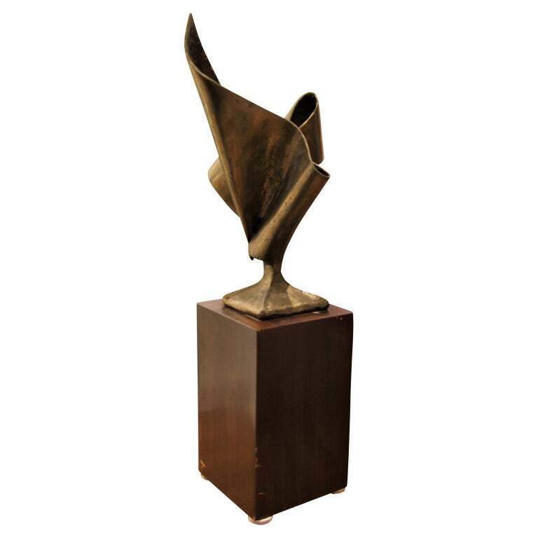 W. R. STEVENSON, “Abstract Bronze” Modern Gold Ribbon Sculpture with Wooden Stand, ca 1970