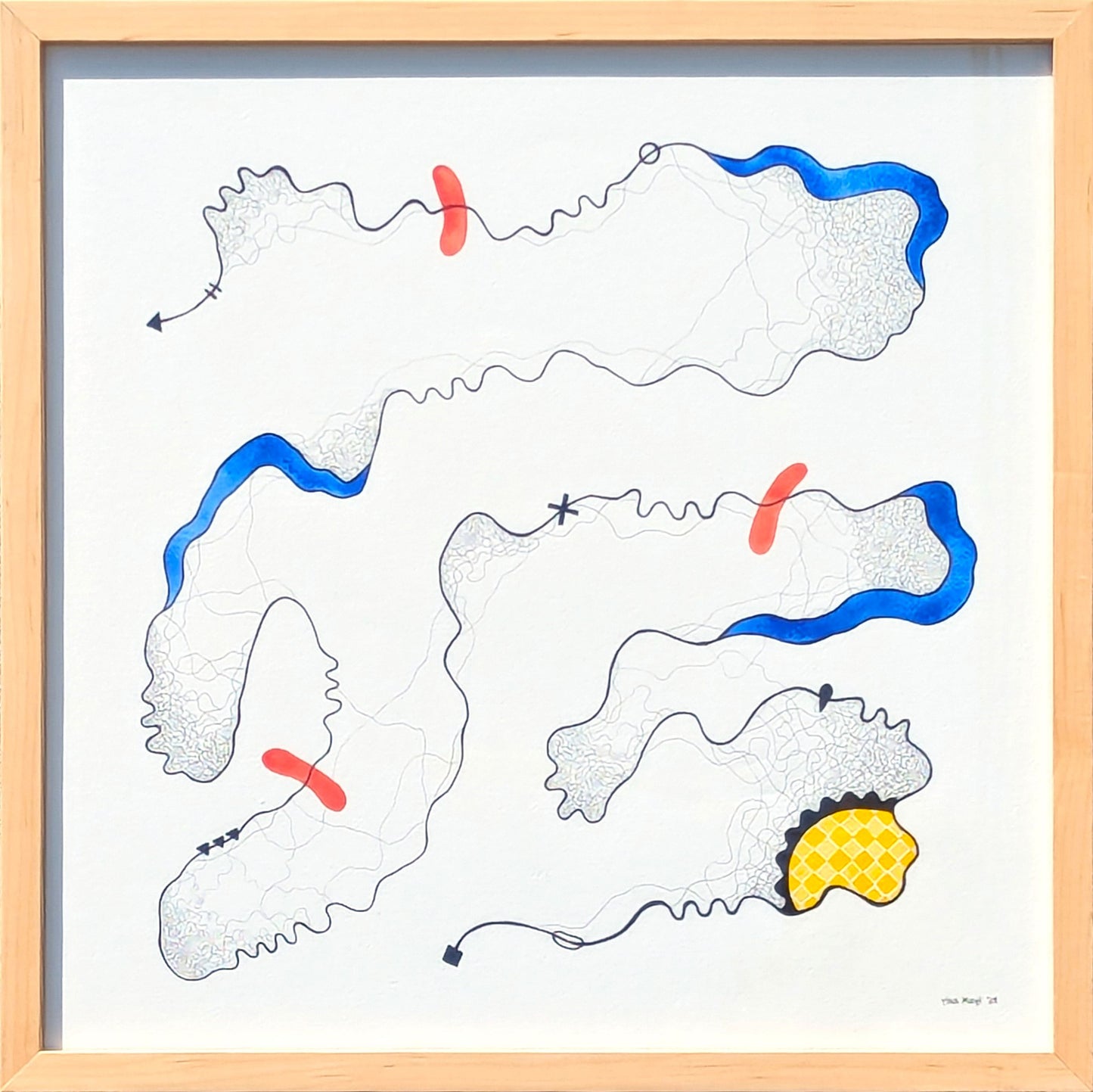 TINA RUYI, "Untitled" Contemporary Geometric Blue, Red, & Yellow Abstract Watercolor Painting, 2024