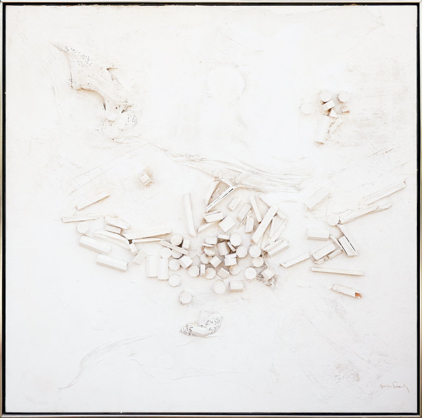 JUAN SANCHEZ JUAREZ, Modern Abstract Monochromatic White Assemblage Construction Sculpture on Canvas,  Late 20th Century